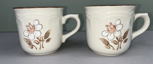 2 Mayblossom Stoneware Cups Mugs Mexico White Pink Brown Flower