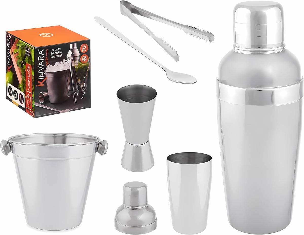 COCKTAIL SET 5-tlg aus Edelstahl Shaker 250ml Eiseimer Barmaß 