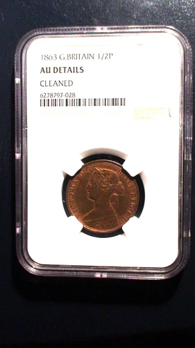 1863 Great Britain Half Penny NGC ABOUT UNC 1/2P Coin PRICED FOR QUICK SALE!