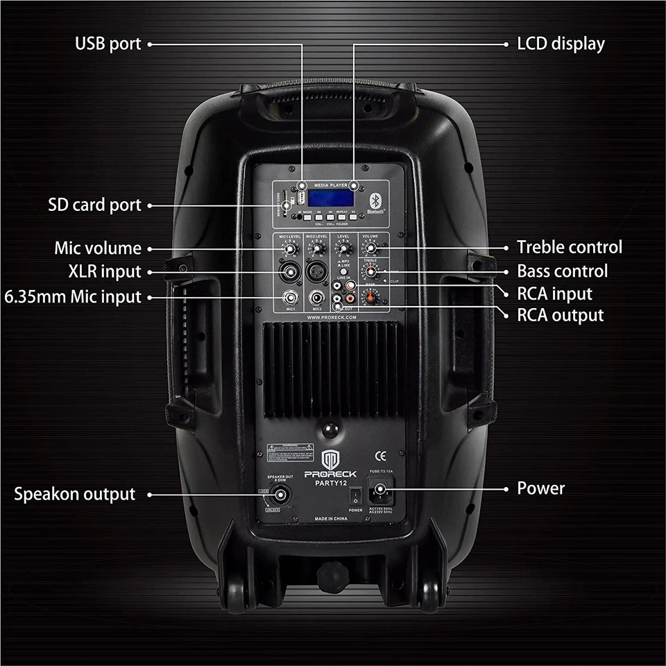 PRORECK Portable 12 Inch 1000W 2-Way Powered PA Speaker System Bluetooth/USB - Image 2 of 4