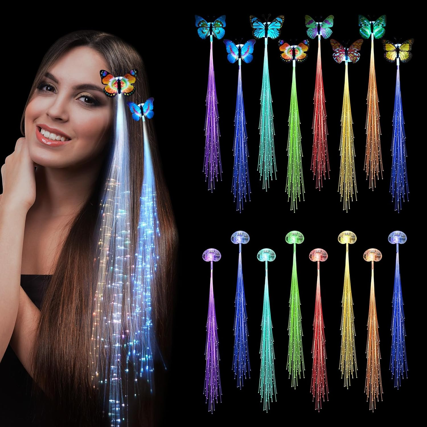 16PCS LED Fairy Hair Accessories, Butterfly Jellyfish Flashing Fiber Optic Hair