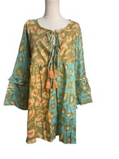 Rhea NWT S/M Boho Metallic Print Tunic Top Tassel Tie 100% Cotton