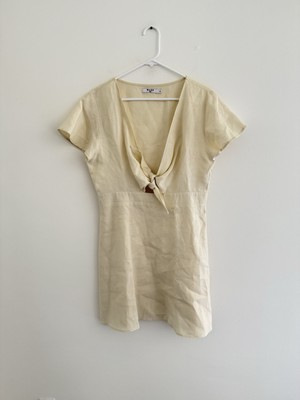 Na-Kd Cream 100% Linen Front Knot Mini Dress Large