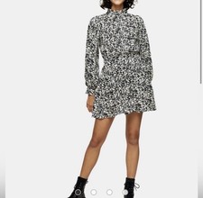 Topshop Black & Cream Floral Peasant Mini Dress with Long Balloon Sleeves