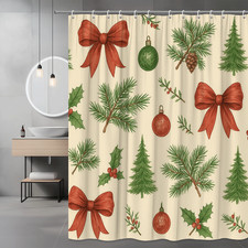 Christmas Shower Curtain with Red Bows, Green Ornaments, and Holiday Motifs