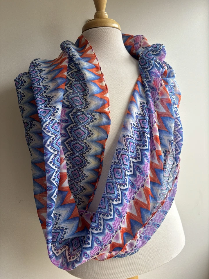 Vtg Infinity Scarf Bold Multi Col Geo Print Sheer Chiffon Retro Artsy 70s Boho - Image 3 of 4
