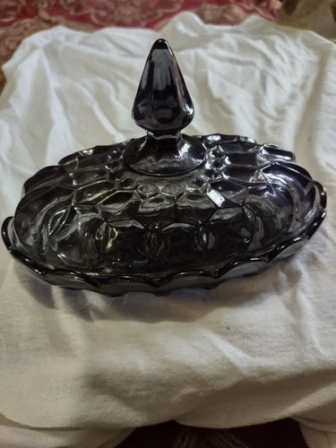 Vintage Anchor Hocking Black Amethyst Covered Butter Dish Fairfield Pattern 1977