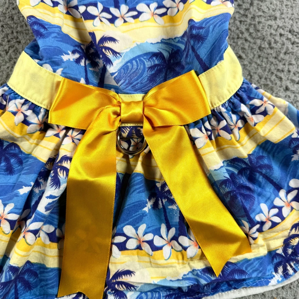 Doggie Design Blue Yellow Size L Cotton Lined Catching Waves Designer Dog Dress - Image 2 of 4