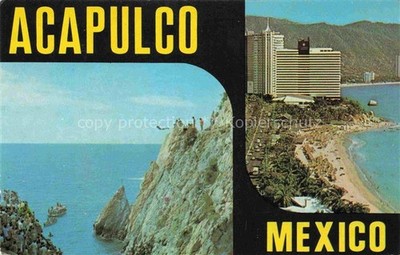 Acapulco Guerrero Mexico High diver on la Quebrada and air view of Condesa Beach