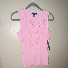 Chaps Womens S Pink Solid Ruffle Front Round ...