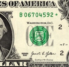 2021 B star note One dollar Bill B06704592* 500K Sheet Note Run 3 of 3