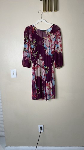 Express Shift Dress Floral Purple Chiffon Scoop Neck Balloon Sleeve Size M