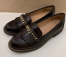 Clarks Leather Slip On Penny Loafers Burgundy/Brown Fringe & Gold Chain - UK 7