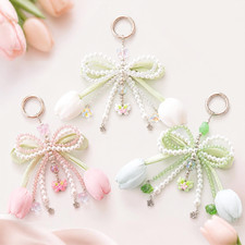 Pink Tulip Pearl Butterfly Bow Keychain Cute Bag Charm Purse Accessory