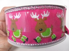 New Whimsical Christmas Ribbon Hot Pink Reindeer Made Taiwan 1.5" Wide 25 ft