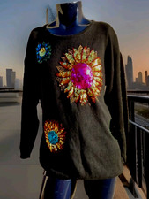 1990s Gold Pink Sequin Sunflower Sweater Long Black Ramie XL Celina Yang