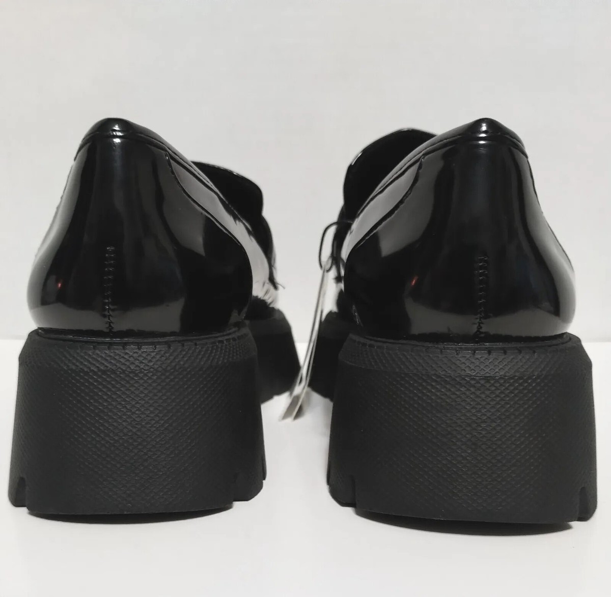 Zara Black Chunky Faux Patent Leather Platform Loafers Lug