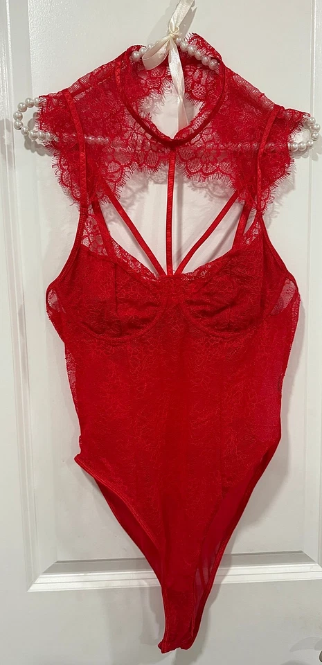 Sexy Red Lace Bodysuit Lingerie Strappy Sheer High Neck One Piece – Size M - Image 2 of 4