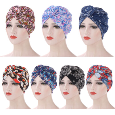 Muslim Women Print Hijab Caps Headscarf Twist Knot Wrap Chemo Hats Turban Beanie