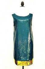 PRADA - Blue Gold Sequin White Jersey Sleeveless Tunic Dress IT 46 US M / L NWT