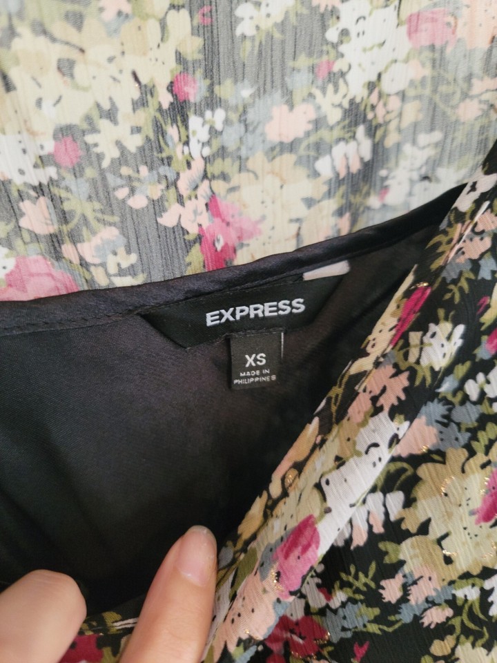 Express Slip Sheer Floral Black Gold Cinch Waist Dress XS eBay