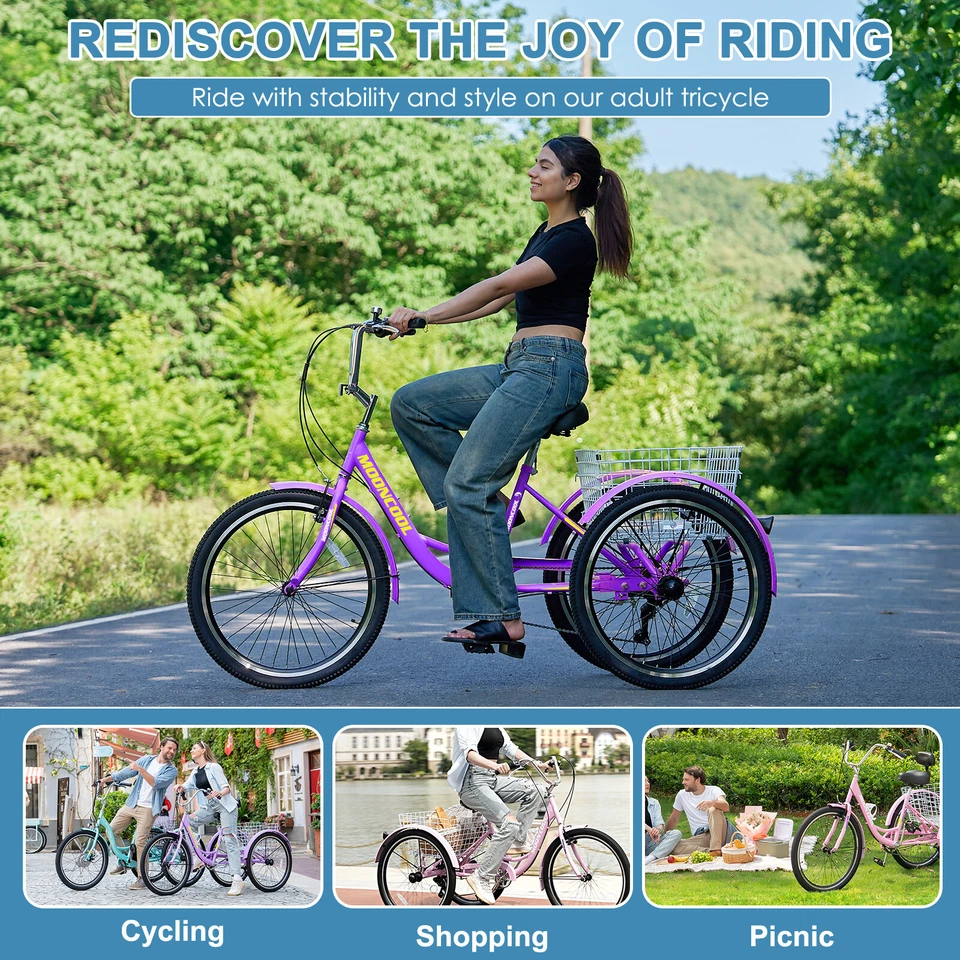 Mooncool 24" 7 Speed Adult Trike Tricycle 3-Wheel Bike with Basket for Shopping - Image 3 of 4