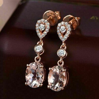 Oval Cut Simulated Morganite Stunning Drop Dangle Earring 14k Rose Gold Plated