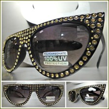Classy Retro Cat Eye Style SUN GLASSES Black Frame Sparkling Bling Rhinestones