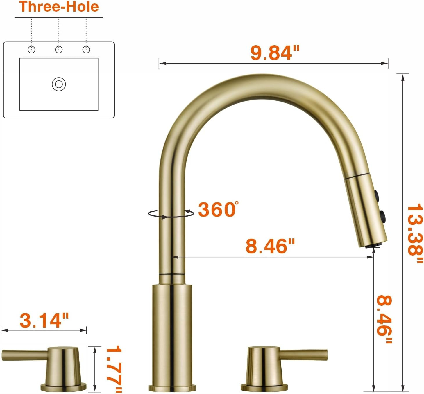 Kitchen Faucet, 2 Handles Kitchen Sink Faucet, 3 Holes Sink Faucet, Pull down Ki