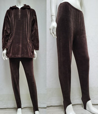 Vintage 2 Piece JONES NEW YORK Brown Velour Hooded Top  Stirrup Pants -Size S/M