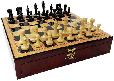 4 Queens Black 3 1/2'' Staunton Wood Chess Set Gloss Dark Walnut Color Storage Bd