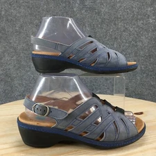 Spring Step Sandals Womens 38 Casual Open Toe Slingback Wedge Blue Leather