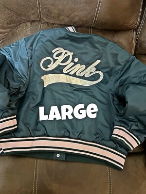 Victoria Secret PINK VARSITY JACKET FOREST GREEN LIMITED EDITION SIZE LARGE 