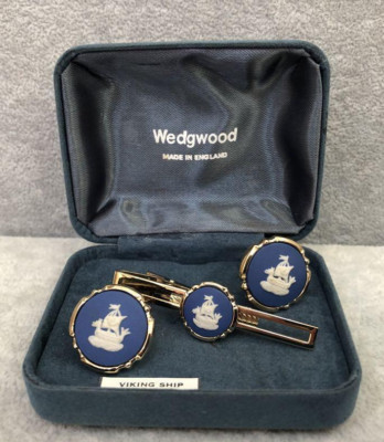 WEDGWOOD VIKING SHIP Tie Pin and Cufflinks Set Cuffs Button Jasper