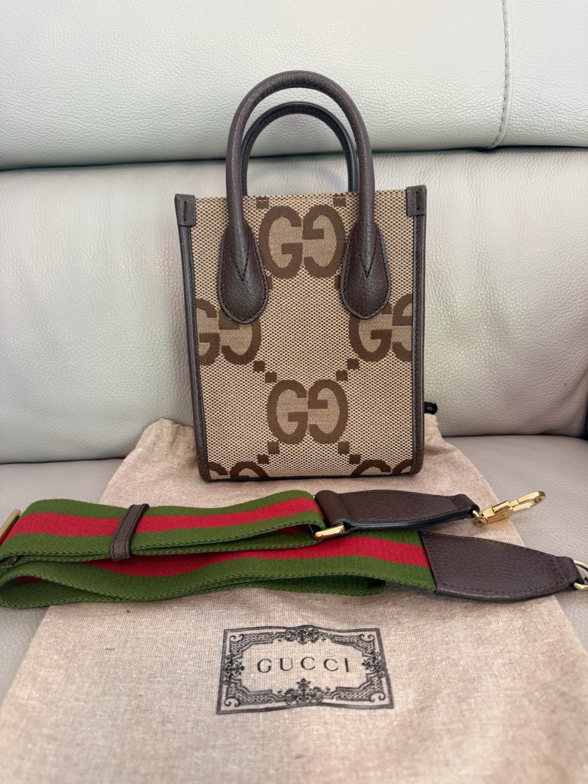 Authentic Gucci Leather Ophidia Mini Handbag Jumbo GG in Brown Red Green ❤️