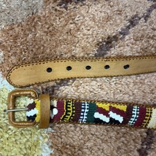 Handstitched Needlepoint Leather Belt multi Color Size 34 Measures 40 Guatemala