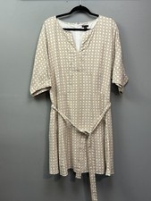 Ann Taylor Dress Womens 16 Tall Beige Geometric Linen Fit & Flare Belted Midi