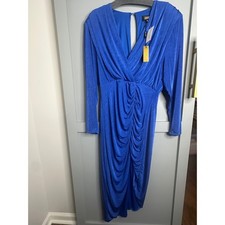 Alexia Admor Royal Blue Ruched V-Neck Long Sleeve Midi Dress D3949 NWT Womens L