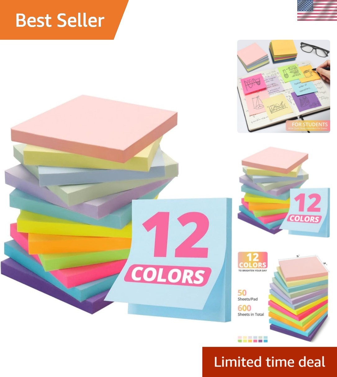 Sticky Notes, 12 Pads, 3x3 inches, Soft Pastel Self-Stick Note Pads, Perfect ...-image
