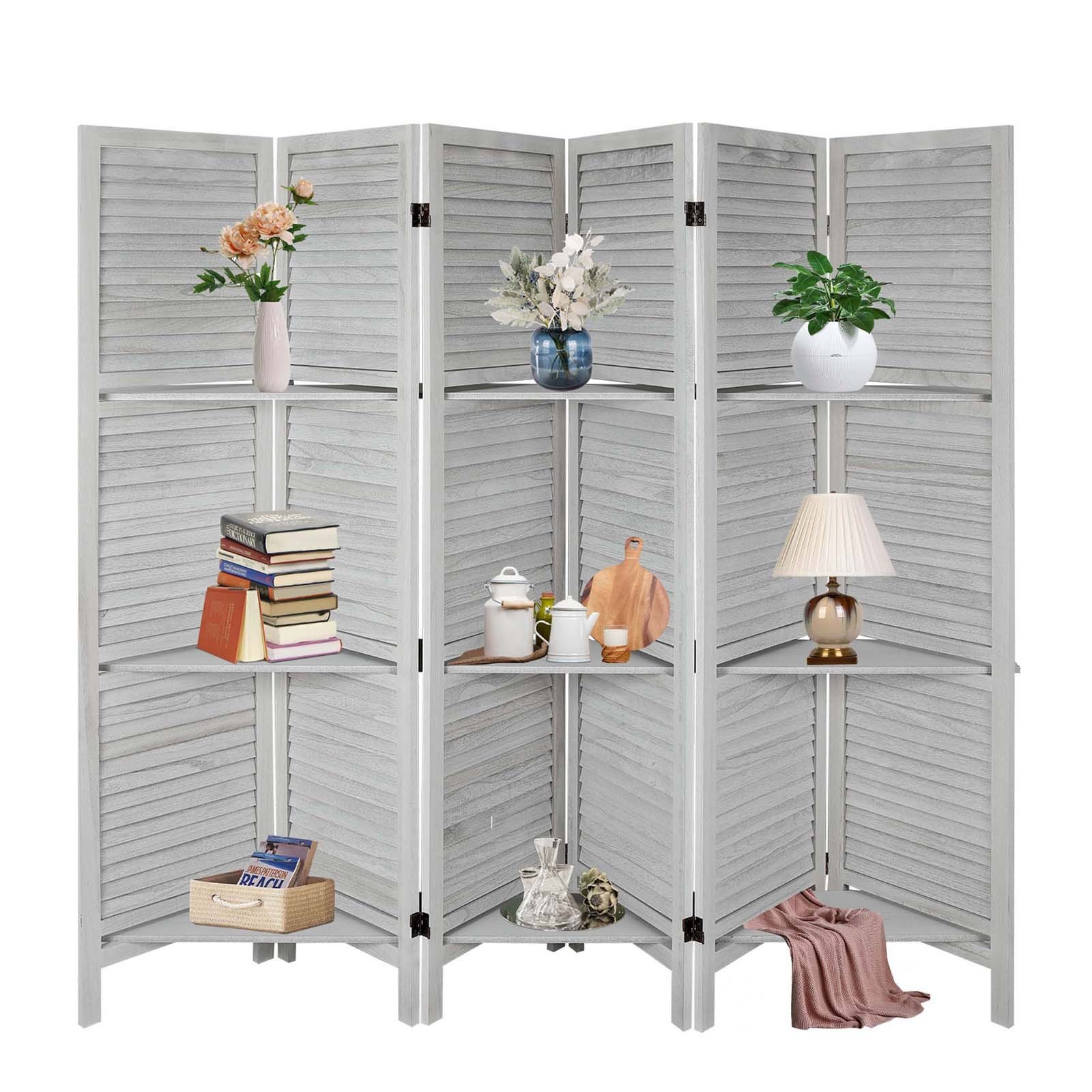 6 Panel Wood Room Divider Folding Privacy Screen Partition Wall W/ Shelves