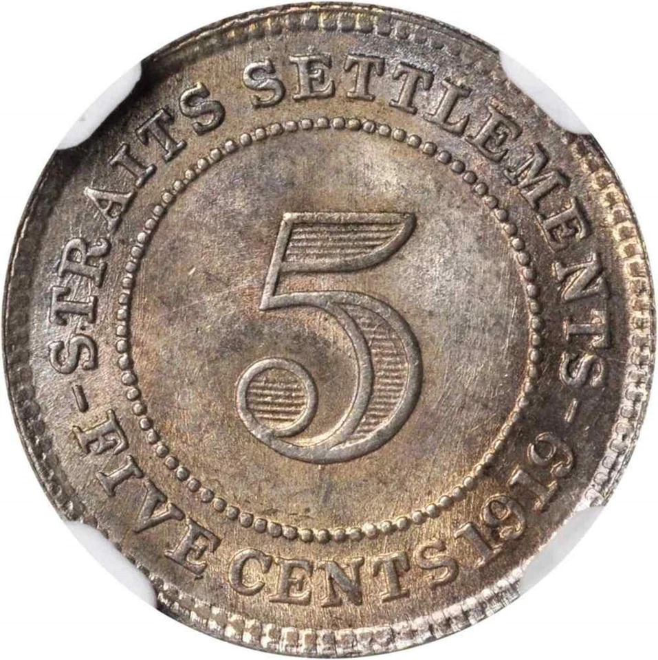 1919 Silver Small Coin 5 Cents Straits Settlement Malaya George V England MS 63 - Image 3 of 4