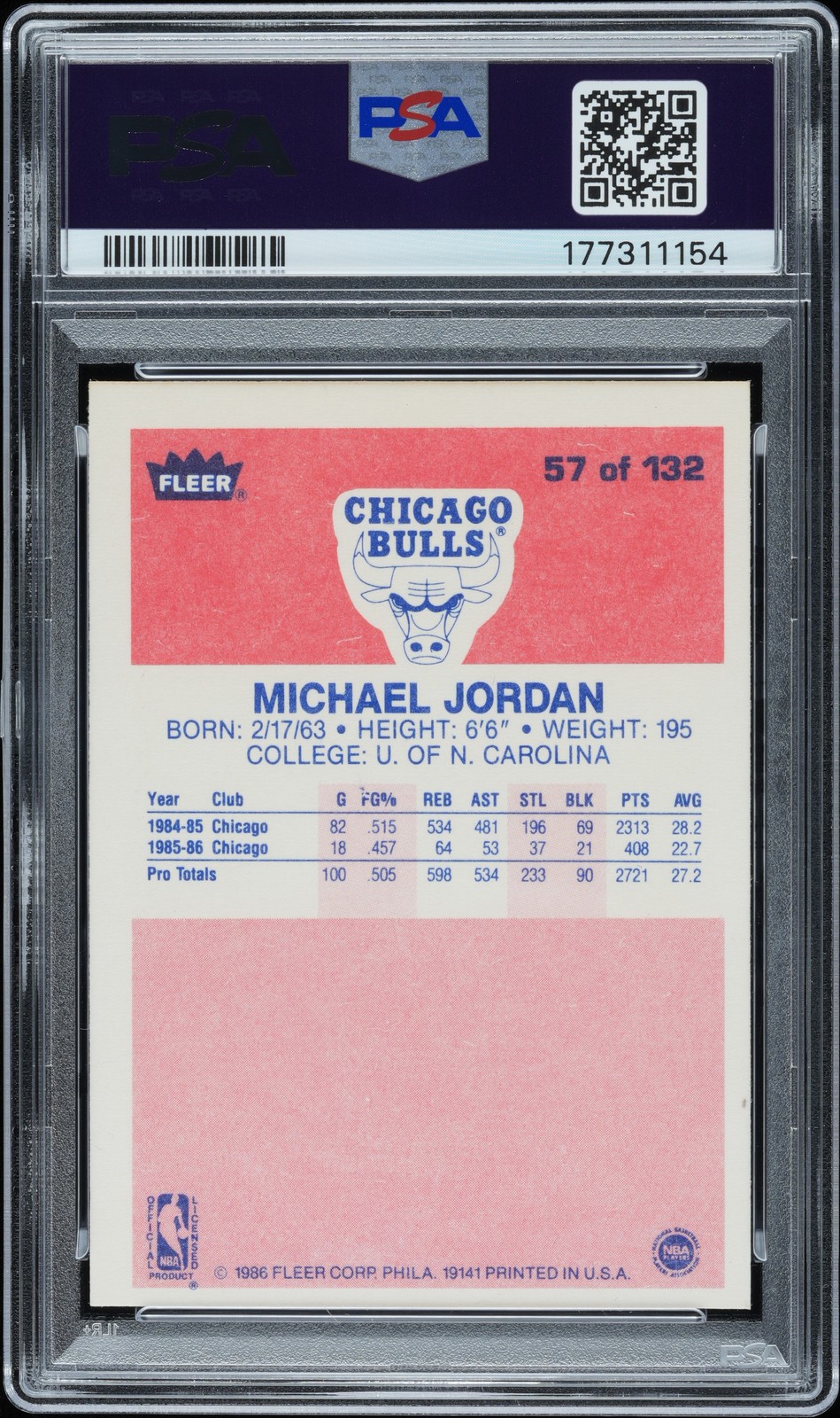 1986 FLEER #57 MICHAEL JORDAN ROOKIE RC PSA 5 view 2