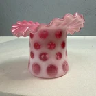 VTG Fenton Pink 3.5" Cranberry Opalescent Coin Dot Hat Vase w/ Ruffled Edge