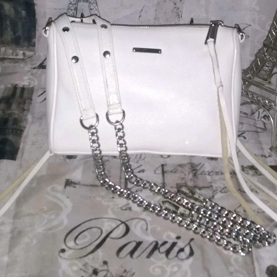 REBECCA MINKOFF Moto 3 Zip Wht Pebble Leather Chain Fringe Stud XBody Bag GRT❤️  - Image 2 of 4