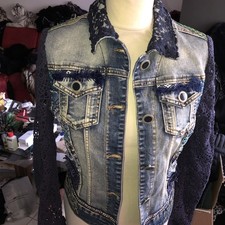 DESIGUAL Jeans-Strick Jacke Häkelärmel Jeansjacke Patches Stickerei 36/34
