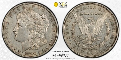 1890-CC TAILBSR MORGAN SILVER DOLLAR, PCGS AU-50