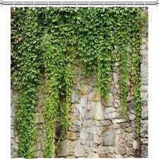 Stone Brick Wall Shower Curtain Green Leaves Garden Landscape Nature Plant Scene