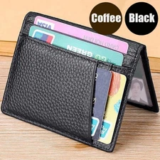 Mens Wallet Front Pocket Slim Wallet Genuine Leather ID Holder Card Case Bifold