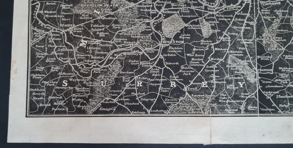 Mapa antiguo original (1833) - Alrededores de Londres de 'Guía al conocimiento'. Foto 2 de 4