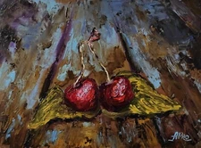 Cherry Oil Painting Original Artwork Fruit Impasto Still Life Two Cherries Art